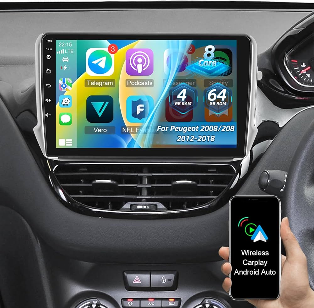 CarPlay 208 – Autoradio Android 14 haut de gamme, GPS, WiFi, RDS, caméra 360° – Compatibilité Peugeot 2008 & 208 (2012–2018)