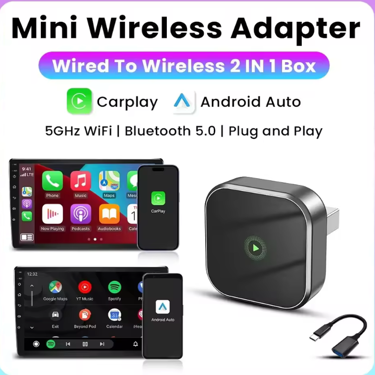 Adaptateur CarPlay & Android Auto 2-en-1 Sans Fil - Convertisseur USB/Type-C pour Autoradio d'Origine (Audi, VW, Toyota, Mercedes)